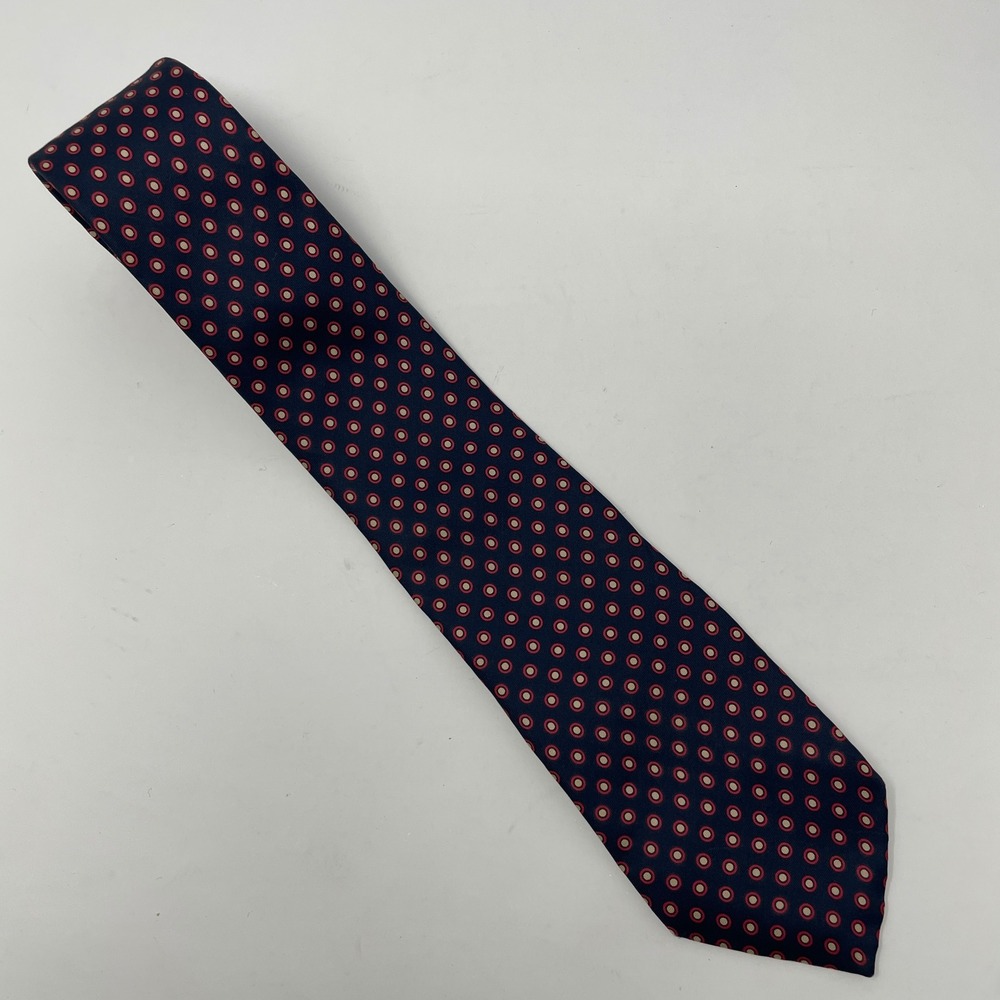 Navy Blue Tie Red Cream Geometric Polka Dot Pattern Classic Preppy Mens Necktie